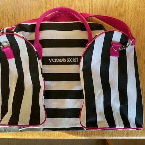 Victoria’s Secret BLACK & WHITE STRIPED TOTE BAG With PINK Adjustable Strap NEW - Picture 12 of 14